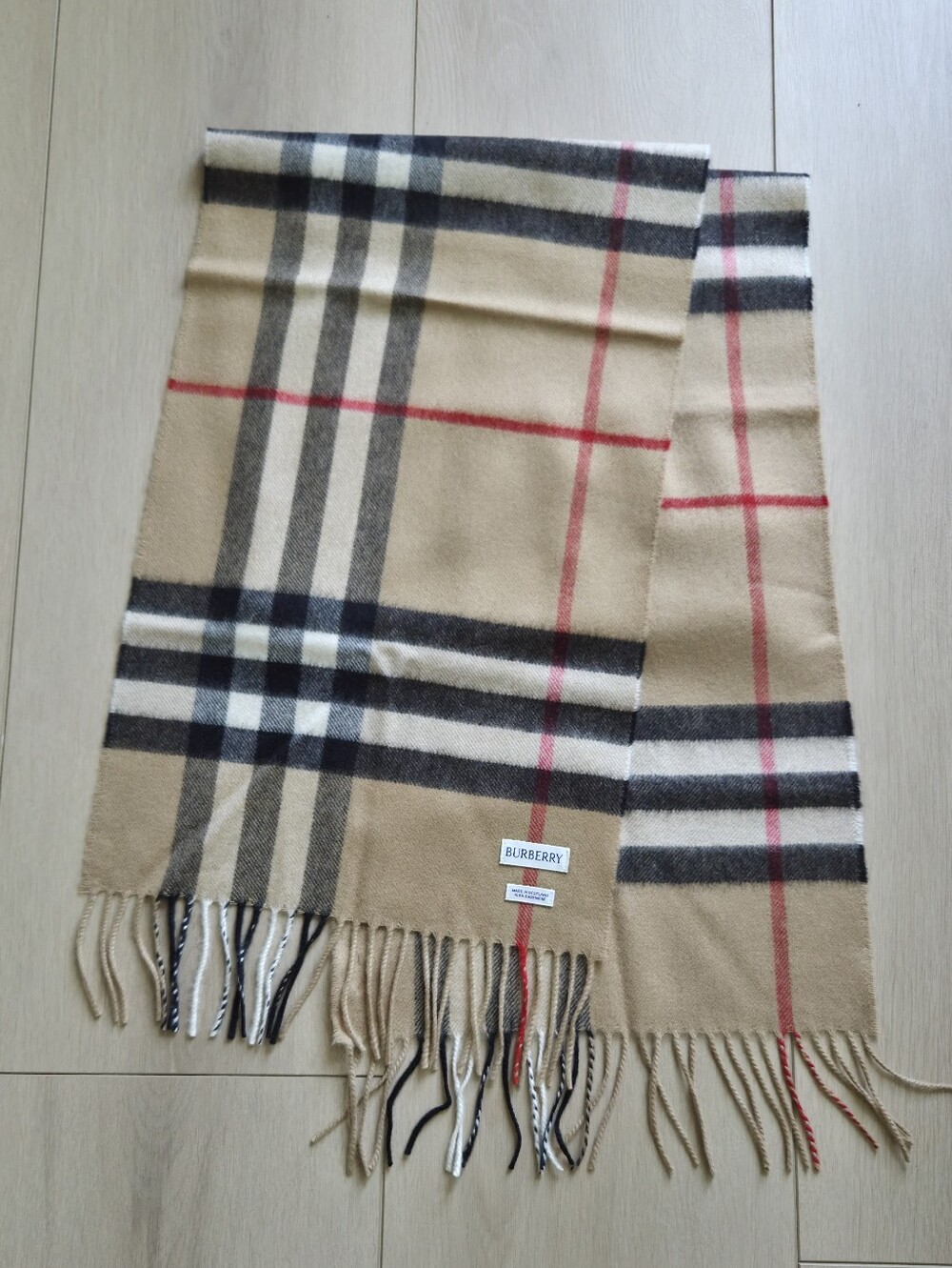 Authentic Burberry Beige Classic Check Scarf with Black & Red Accents